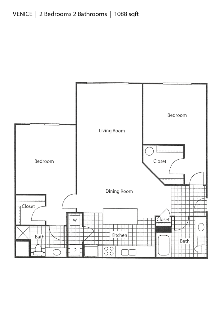Floor plan for 2 beds, 2 baths, 1077 sqft